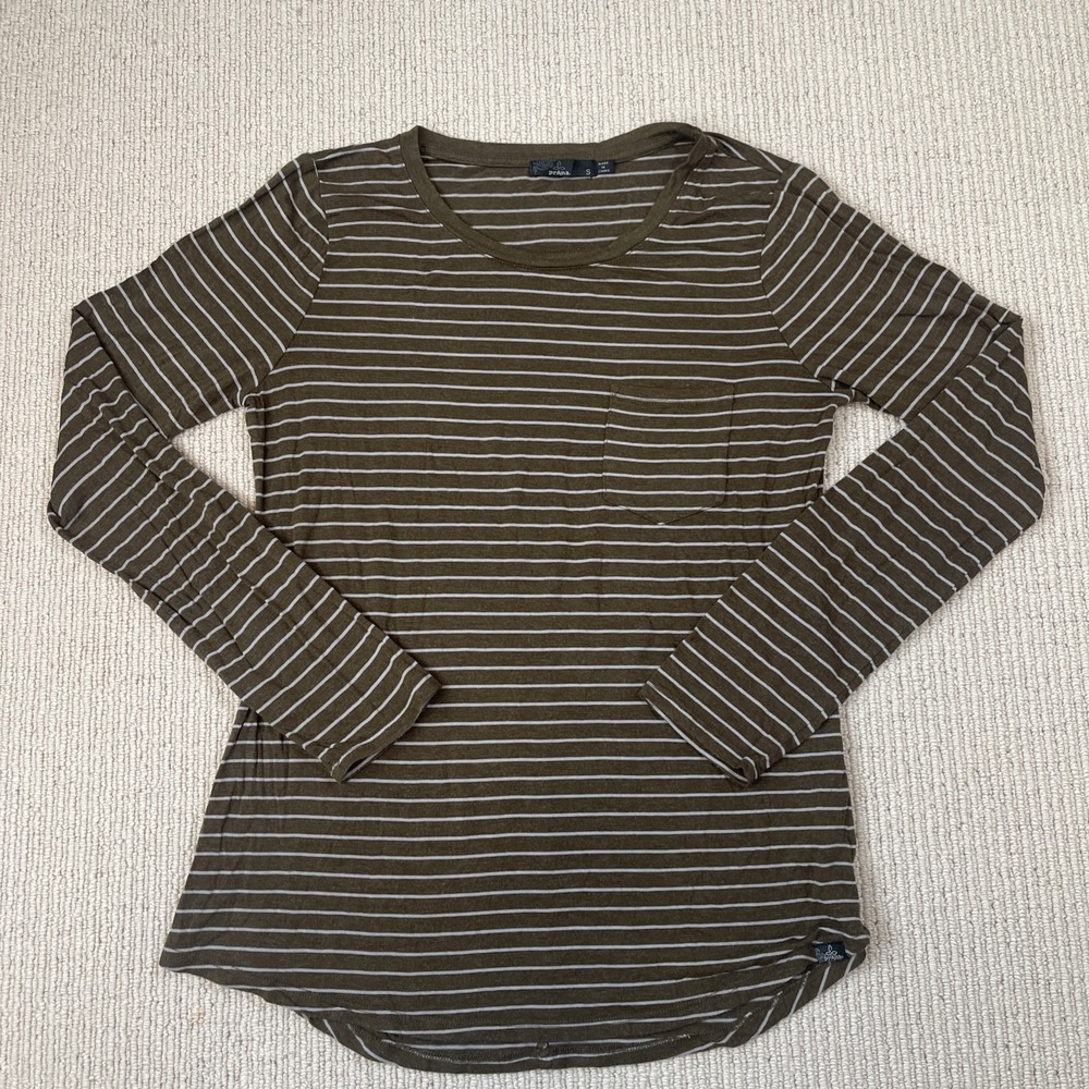 Prana Womens Small Modal Crew Neck Pocket Tee Beige Striped Long Sleeve Shirt